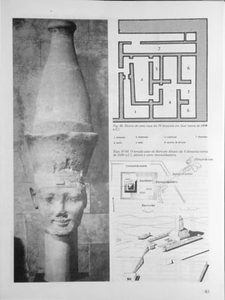 •
Fig. 86. Planta de uma casa da TV dma�tla em C/zé (cerca de 2600
a.C.)
1. entrada 3. di.pen.. 5. vfttlbulo
2. itno 4 aala 6. quarto de donnlT
Figs. 87-88. O templo solar de Horo em Abusir, da �'dtnastla (cerca
de 2500 a.C.); planta e vesta reconstltwdura.
r
t
i
CUlturãode mUl"Ol -'"
, 1 
Barcosolar
>:remplo dovale
,
- ,->, .,
,
Rampa deacesso
, . ,
.."
 