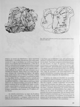 terreno: os canais que distribuem a água nas terras
melhoradas e permitem transportar para toda parte,
mesmo de longe:os produtos e as matérias-primas; os
muros circundantes que individualizam a área da ci­
dade é a defendem dos inimigos; os armazéns, comsua
provisão de tabuinhas escritas em caracteres cuneifor­
mes; os templos dos deuses, que se erguem sobre o
nível uniforme da planície com seus terraços e as pi­
râmides em degraus. Estas obras e as casas das pes­
soas comuns são construídas de tijolos e de argila,
como ainda hoje se faz no Oriente Próximo; O tempo
fá-las desmoronar e as incorpora novamente ao terre­
no, mas dessa forma o terreno conserva, camada por
camada, os vestígios dos artefatos construidos em ca­
da período histórico, e entre estes as preciosas tabui­
nhas com as crônicas escritas, quea partir de 3000 a.C.
temos condiçôes de ler com segurança; assim, as esca­
vaçôes arqueológicas permitem reconstruir, passo a
passo, a formação e as vicissitudes das cidades mais
antigas construídas pelo homem, do IV milênio a.c.
em diante.
As cidades sumerianas, no inicio do II milênio
a.C., já são muito grandes - Ur (Figs. 37-44) mede
cerca de 100 hectares - e abrigam várias dezenas de
milhares de habitantes. São circundadas por um muro
Figs. 35-36. Uma tabumha sumérla, com o planoda cidade fk �N,pur
(""re. tk 1500 a.c.).
e um fosso, que as defendem e que, pela primeira vez,
excluem o ambiente aberto natural do ambiente fecha­
do da cidade. Também o campo em torno é transforma­
do pelo homem: em lugar do pântano e do deserto,
encontramos uma paisagem artificial de campos. pas­
tagens e pomares, percorrida pelos canais de irrigação_
Na cidade os templos se distinguem das casas comun"
por sua massa maior e mais elevada: compreendem de
fato, além do santuário e da torre-observatório (zig­
gurat), laboratórios, armazéns, lojas onde vivem e tra­
balham diversas categorias de especialistas.
o terreno da cidade já é dividido em proprieda­
des individuais entre os cidadãos, ao passo que o cam­
po é administrado em comum por conta das divinda­
des. Em Lagash, o campo é repartido nas posses de
umas vinte divindades; uma destas, Bau, possui cerca
de 3250 hectares, dos quais três quartos atribuídos, um
em lotes, a famílias singulares, um quarto cultivado
por assalariados, por arrendatários (que pagam um
sétimo ou um oitavo do produto), ou pelo trabalho
gratuito dos outros camponeses. Em seu templo traba­
lham 21 padeiros auxiliados por 27 escravas, 25 cerve­
jeiros com 6 escravos, 40 mulheres encarregadas do
preparo da lã, t'iandeiras, tecelãs, um ferreiro, além dos
funcionários, dos escribas e dos sacerdotes.
 