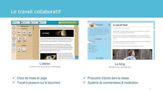 Le travail collaboratif
 Choix de mises en page
 Travail à plusieurs sur le document
 Production d’écrits dans la classe
 Système de commentaires & modération
13
Le blog
Modéré par l’enseignant
L’atelier
Création de documents multimédia
 