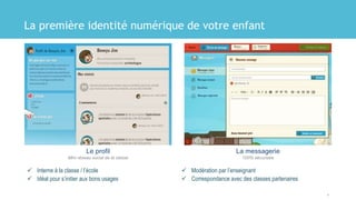 La première identité numérique de votre enfant
 Interne à la classe / l’école
 Idéal pour s’initier aux bons usages
 Modération par l’enseignant
 Correspondance avec des classes partenaires
9
La messagerie
100% sécurisée
Le profil
Mini réseau social de la classe
 