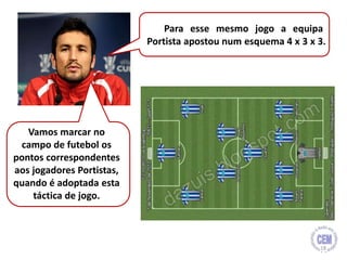 Para esse mesmo jogo a equipa
Portista apostou num esquema 4 x 3 x 3.
Vamos marcar no
campo de futebol os
pontos correspondentes
aos jogadores Portistas,
quando é adoptada esta
táctica de jogo.
18
 