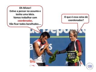 Oh Mister!
Estive a pensar no assunto e
tenho uma ideia.
Vamos trabalhar com
coordenadas.
Vão ficar todos baralhados….
O que é essa coisa de
coordenadas?
4
 