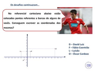 No referencial cartesiano abaixo estão
colocados pontos referentes a barcos de alguns de
vocês. Conseguem escrever as coordenadas dos
mesmos?
Os desafios continuaram…
D – David Luiz
F – Fábio Coentrão
L – Luisão
O – Óscar Cardozo
10
 