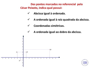 Dos pontos marcados no referencial pelo
César Peixoto, indica qual possui:
 Abcissa igual à ordenada.
 A ordenada igual à raiz quadrada da abcissa.
 Coordenadas simétricas.
 A ordenada igual ao dobro da abcissa.
11
 