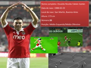 Nome completo: Osvaldo Nicolás Fabián Gaitán
Data de nasc: 1988-02-23
Local de nasc: San Martín, Buenos Aires
Altura: 173 cm
Número:20
Posição: Médio Esquerdo/Médio Ofensivo
 