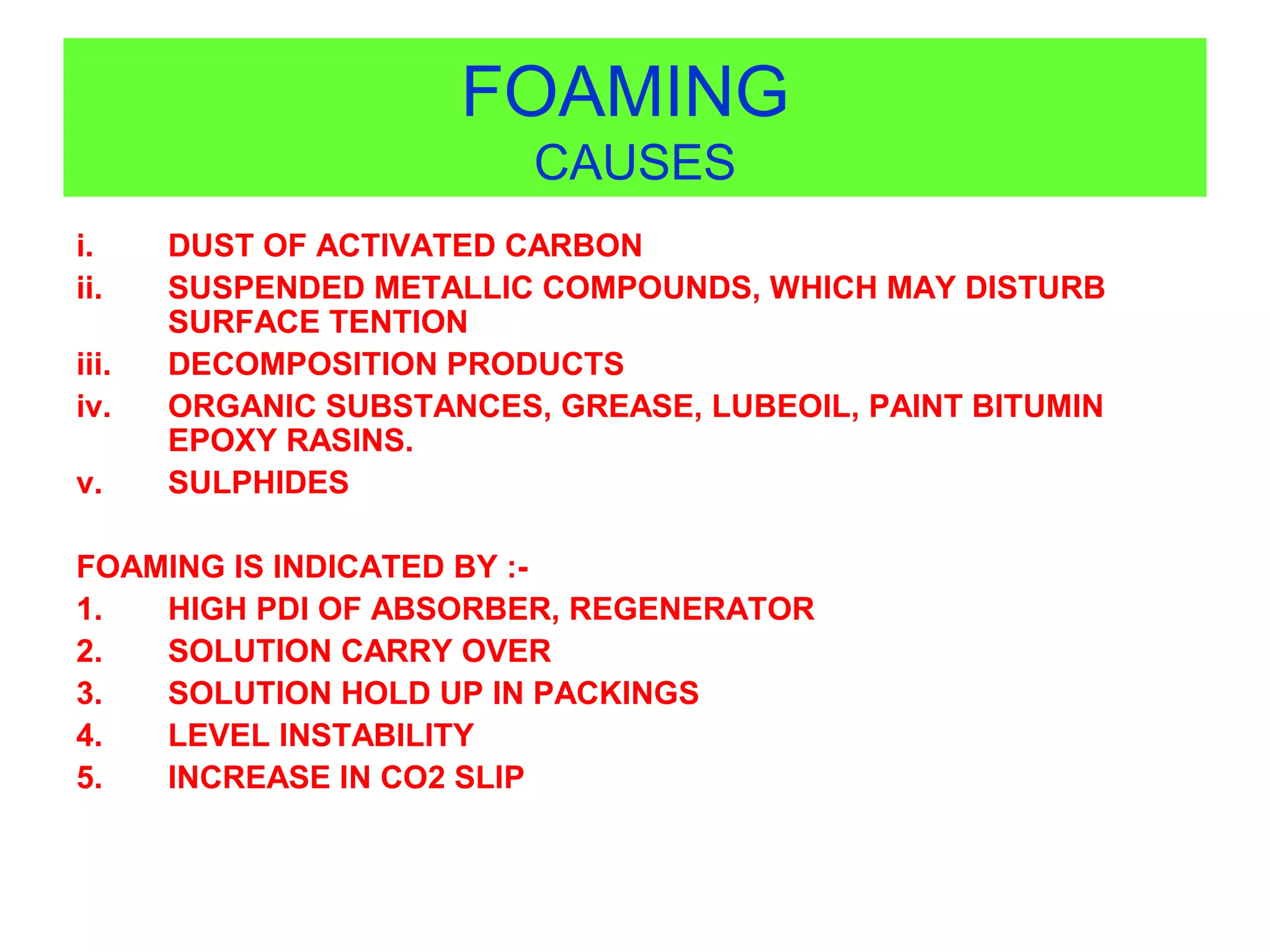 FOAMING
CAUSES
i. DUST OF ACTIVATED CARBON
ii. SUSPENDED METALLIC COMPOUNDS, WHICH MAY DISTURB
SURFACE TENTION
iii. DECOMPOSITION PRODUCTS
iv. ORGANIC SUBSTANCES, GREASE, LUBEOIL, PAINT BITUMIN
EPOXY RASINS.
v. SULPHIDES
FOAMING IS INDICATED BY :-
1. HIGH PDI OF ABSORBER, REGENERATOR
2. SOLUTION CARRY OVER
3. SOLUTION HOLD UP IN PACKINGS
4. LEVEL INSTABILITY
5. INCREASE IN CO2 SLIP
 