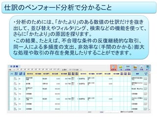 仕訳のベンフォード分析で分かること
・分析のためには、「かたより」のある数値の仕訳だけを抜き
出して、並び替えやフィルタリング、検索などの機能を使って、
さらに「かたより」の原因を探ります。
・この結果、たとえば、不合理な条件の反復継続的な取引、
同一人による多頻度の支出、非効率な（手間のかかる）膨大
な処理や取引の存在を発見したりすることができます。
 