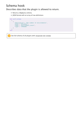 Schema hook
Describes data that the plugin is allowed to return.
Returns a BigQuery schema.
JSON format with an array of row definitions
def self.schema
[
{
"description": "The number of environments",
"mode": "NULLABLE",
"name": "environment_count",
"type": "INTEGER"
}
]
end
See full schema of all plugins with dropsonde dev schema
 