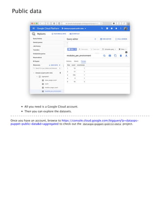 Public data
All you need is a Google Cloud account.
Then you can explore the datasets.
Once you have an account, browse to https://console.cloud.google.com/bigquery?p=dataops-
puppet-public-data&d=aggregated to check out the dataops-puppet-public-data project.
 