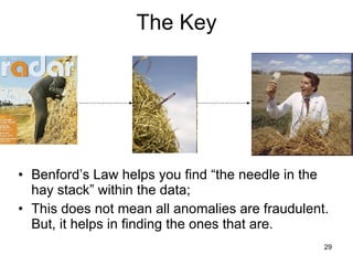 The Key Benford’s Law helps you find “the needle in the hay stack” within the data; This does not mean all anomalies are fraudulent.  But, it helps in finding the ones that are.  
