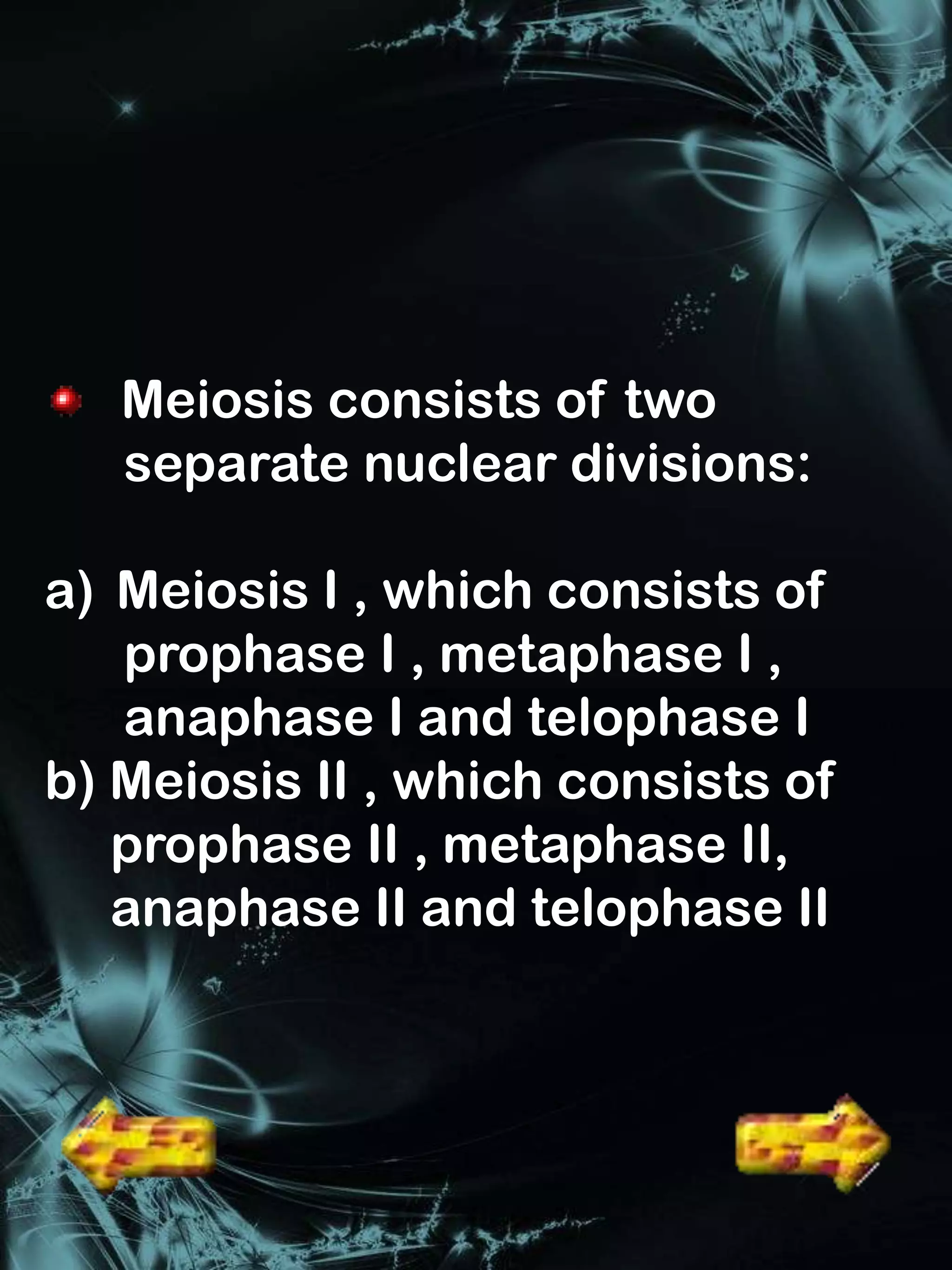 Meiosis consists of two
   separate nuclear divisions:

a) Meiosis I , which consists of
   prophase I , metaphase I ,
   anaphase I and telophase I
b) Meiosis II , which consists of
   prophase II , metaphase II,
   anaphase II and telophase II
 