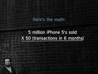 Here’s the math:

   5 million iphone 5’s sold
X 50 (transactions in 6 months)
 