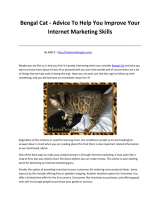 Bengal Cat - Advice To Help You Improve Your
           Internet Marketing Skills
_______________________________________
                      By AMZ 2 - http://makismobengals.com/



Maybe you are like us in that you feel it is pretty interesting when you consider Bengal Cat and why you
want to know more about it.Each of us proceed with our own little worlds and of course there are a lot
of things that we take note of along the way. Have you not ever just had the urge to follow-up with
something, and you did not have an immediate reason for it?




Regardless of the motives or need for learning more, the conditions compel us to start looking for
answers.Bear in mind when you are reading about this that there is also important related information
as we mentioned, above.

One of the best ways to make your product known is through Internet marketing. It may seem like a
snap at first, but you need to learn the basics before you can make money. This article is your starting
point for becoming an Internet marketing guru.

Ponder the option of providing incentives to your customers for ordering more products faster. Some
ways to do this include offering free or speedier shipping. Another excellent option for incentives is to
offer a limited time offer for the first comers. Consumers like incentives to purchase, and offering good
ones will encourage people to purchase your goods or services.
 