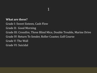 1What are these?Grade I: Sweet Sixteen, Cash FlowGrade II:  Good MorningGrade III: Crossfire, Three Blind Mice, Double Trouble, Marine DriveGrade IV: Return To Sender, Roller Coaster, Golf CourseGrade V: The WallGrade VI: Suicidal
