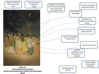 RASA-LILA
KSHITINDRANATH MAJUMDAR
WATER COLOUR WASH AND TEMPERA ON HAND-MADE
PAPER
Gopi’s are swaying In
ecstatic dance
Krishna in the center
Graceful movement of
body and hand
The gopis are sporting
rhythmic steps, delicate
smile, wisp of hair
covering fore head
The figures are
cladded in contrasting
colours
Krishna’s
complexion is dark
blue and he is in
pitambar
The back ground
is dark and
cloudy
Tree trunks are
juxtaposing
Leaves are painted in
dark bluish-green
colour
‘bhava’ feelings
suffused with
spirituality
Strong appeal and
lyricism
The lines are delicate,
supple and sinuous
 