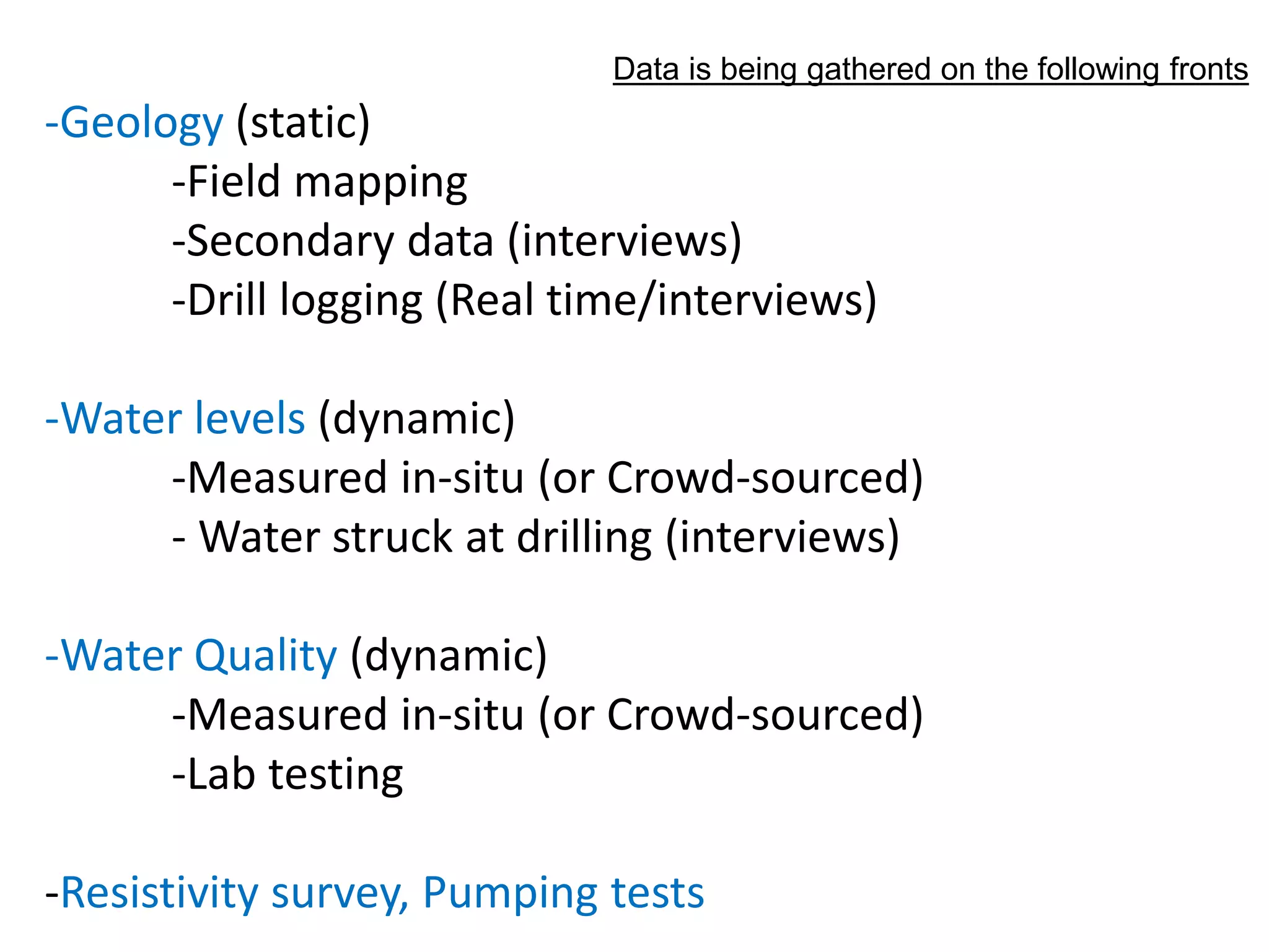 -Geology (static)
-Field mapping
-Secondary data (interviews)
-Drill logging (Real time/interviews)
-Water levels (dynamic)
-Measured in-situ (or Crowd-sourced)
- Water struck at drilling (interviews)
-Water Quality (dynamic)
-Measured in-situ (or Crowd-sourced)
-Lab testing
-Resistivity survey, Pumping tests
Data is being gathered on the following fronts
 