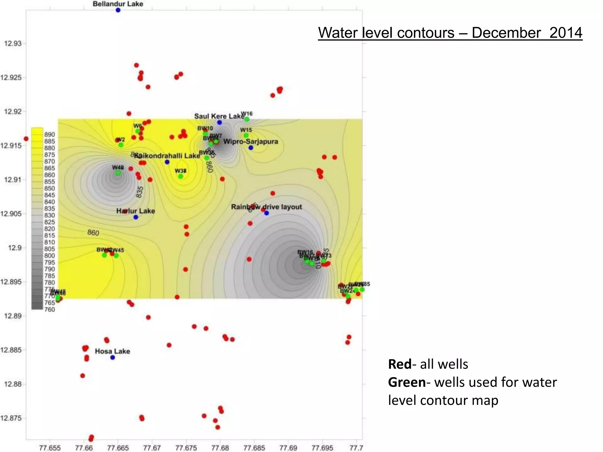 Red- all wells
Green- wells used for water
level contour map
Water level contours – December 2014
 