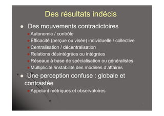 Des résultats indécis
    Des mouvements contradictoires
     Autonomie    / contrôle
     Efficacité (perçue ou visée) individuelle / collective
     Centralisation / décentralisation
     Relations désintégrées ou intégrées
     Réseaux à base de spécialisation ou généralistes
     Multiplicité /instabilité des modèles d’affaires

    Une perception confuse : globale et
    contrastée
     Appelant   métriques et observatoires

                                                               7
 