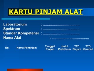 KARTU PINJAM ALATKARTU PINJAM ALAT
No. Nama Peminjam
Tanggal
Pinjam
Judul
Praktikum
TTD
Pinjam
TTD
Kembali
Laboratorium : ....................................
Spektrum : ....................................
Standar Kompetensi : ....................................
Nama Alat : ....................................
 