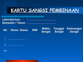 KARTU SANGSI PEMBINAAN
No Nama Siswa NIM
Waktu
Sangsi
Tanggal
Sangsi
Keterangan
Sangsi
1 ............................
2 ............................
dst
Laboratorium : ...................................
Semester / Tahun : ...................................
 