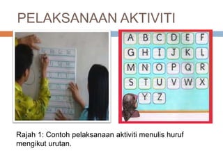 PELAKSANAAN AKTIVITI
Rajah 1: Contoh pelaksanaan aktiviti menulis huruf
mengikut urutan.
 