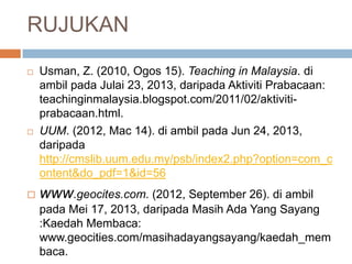 RUJUKAN
 Usman, Z. (2010, Ogos 15). Teaching in Malaysia. di
ambil pada Julai 23, 2013, daripada Aktiviti Prabacaan:
teachinginmalaysia.blogspot.com/2011/02/aktiviti-
prabacaan.html.
 UUM. (2012, Mac 14). di ambil pada Jun 24, 2013,
daripada
http://cmslib.uum.edu.my/psb/index2.php?option=com_c
ontent&do_pdf=1&id=56
 www.geocites.com. (2012, September 26). di ambil
pada Mei 17, 2013, daripada Masih Ada Yang Sayang
:Kaedah Membaca:
www.geocities.com/masihadayangsayang/kaedah_mem
baca.
 
