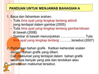 PANDUAN UNTUK MENJAWAB BAHAGIAN A
1. Baca dan fahamkan arahan.
- Tulis lima ayat yang lengkap tentang aktiviti
yang terdapat dalam gambar.(2005)
- Tulis lima ayat yang lengkap tentang gambar/situasi
di bawah.(2006)
- Gambar di bawah menunjukkan …………………. Tulis
lima ayat yang lengkap tentang ………..tersebut.(2007)
2. Perhatikan bahan grafik. Kaitkan kehendak soalan
dengan bahan grafik yang diberi.
Cari maklumat yang terdapat dalam bahan grafik
seberapa banyak yang ada dan tandakan atau
senaraikan maklumat tersebut.
 