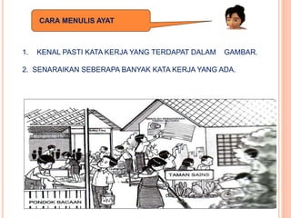 CARA MENULIS AYAT
1. KENAL PASTI KATA KERJA YANG TERDAPAT DALAM GAMBAR.
2. SENARAIKAN SEBERAPA BANYAK KATA KERJA YANG ADA.
 