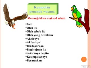 Kumpulan
penanda wacana
Jadi
Oleh itu
Oleh sebab itu
Oleh yang demikian
Akhirnya
Akibatnya
Berdasarkan
Bagi tujuan itu
Sekiranya begitu
Kesimpulannya
Berasaskan
Menunjukkan maksud sebab
 