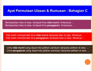 Ayat Permulaan Ulasan & Rumusan : Bahagian C
Berdasarkan teks di atas, terdapat lima nilai murni. Antaranya …
Berdasarkan teks di atas, terdapat lima pengajaran. Antaranya …
Kita boleh memperoleh lima nilai murni daripada teks di atas. Misalnya …
Kita boleh memperoleh lima pengajaran daripada teks di atas. Misalnya …
Lima nilai murni yang dapat kita jadikan panduan daripada petikan di atas. ...
Lima pengajaran yang dapat kita jadikan panduan daripada petikan di atas. ...
 