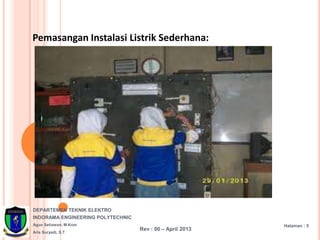 DEPARTEMEN TEKNIK ELEKTRO
INDORAMA ENGINEERING POLYTECHNIC
Agus Setiawan, M.Kom
Aris Suryadi, S.T
Pemasangan Instalasi Listrik Sederhana:
Halaman : 5
Rev : 00 – April 2013
 