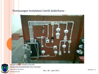 DEPARTEMEN TEKNIK ELEKTRO
INDORAMA ENGINEERING POLYTECHNIC
Agus Setiawan, M.Kom
Aris Suryadi, S.T
Halaman : 4
Rev : 00 – April 2013
Pemasangan Instalatasi Listrik Sederhana :
 