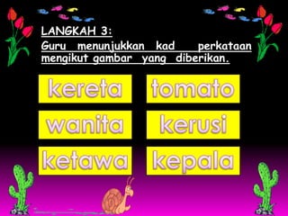 LANGKAH 3:
Guru menunjukkan kad     perkataan
mengikut gambar yang diberikan.
 
