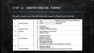 STEP 2: UNDERSTANDING FORMAT
To get 3 marks, you should know the aspect of particular format:
 