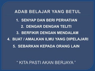 1. SENYAP DAN BERI PERHATIAN
      2. DENGAR DENGAN TELITI
    3. BERFIKIR DENGAN MENDALAM
4. BUAT / AMALKAN ILMU YANG DIP...