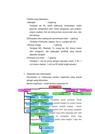 Fasilitas yang diperlukan :
: 5 gedung

1)Bengkel

Terdapat car lift, wheel balancing, kompressor, mesin
gerenda, akseleration test, mesin pengepres, gas analizer,
engine analizer, full set tools,pompa vacuum,alat ukur, dan
lain-lainnya.
2)Penjualan suku cadang dan penerimaan order : 1 gedung
Terdapat 3 komputer, telepon, fax, tv, ruangan ber AC.
3)Ruang Tunggu

: 1 gedung

Terdapat WC, Mushola, Tv, ruang ber AC, Koran harian
atau mingguan, dan pajaqngan sertifikat yang pernah
diperoleh bengkel.
4)Tempat cuci mobil

: 1 gedung

Terdapat 1 unit jet pump dengan kekuatan mesin 3 Pk, 1
unit vakum cleaner, 1 unit car lift model single actuator.

f. Organisasi dan Administrasi
Perusahaan ini mempunyai struktur organisasi yang sesuai
dengan yang dibutuhkan.
Bentuk organisasi : model struktur organisasi lini.
Manajer
Front man

Front man

Job diskripsi :
Chief Mecanik mesin
i) Manajer
Mekanik

Account

Final Inspector
Staf

Tool man

Menejer mecanik listrik
Chief disini adalah merupakan pucuk pimpinan. Pucuk
pimpinan ini tidak toolmanadalah pemilik bengkel ini sendiri, karena
lain
mecanic
pemilik bengkel merasa mampu menjadi manajer
Chief mecanic casis

karena

merupakan lulusan sarjana otomotif UNY dan pernah mengikuti
mecanic

toolman

mata kuliah manajemen bengkel yang mana pengampu dari mata
Chief mecanic body

kuliah

manjement

bengkel

mecanic

ini

merupakan

dosen

yang

berpengalaman dan merupakan pelaku usaha bengkel. Tugas dari
toolman

Chief mecanic aksesories
mecanik
toolman

 