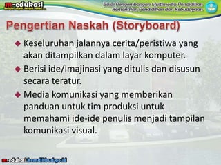  Keseluruhan jalannya cerita/peristiwa yang
akan ditampilkan dalam layar komputer.
 Berisi ide/imajinasi yang ditulis dan disusun
secara teratur.
 Media komunikasi yang memberikan
panduan untuk tim produksi untuk
memahami ide-ide penulis menjadi tampilan
komunikasi visual.
 