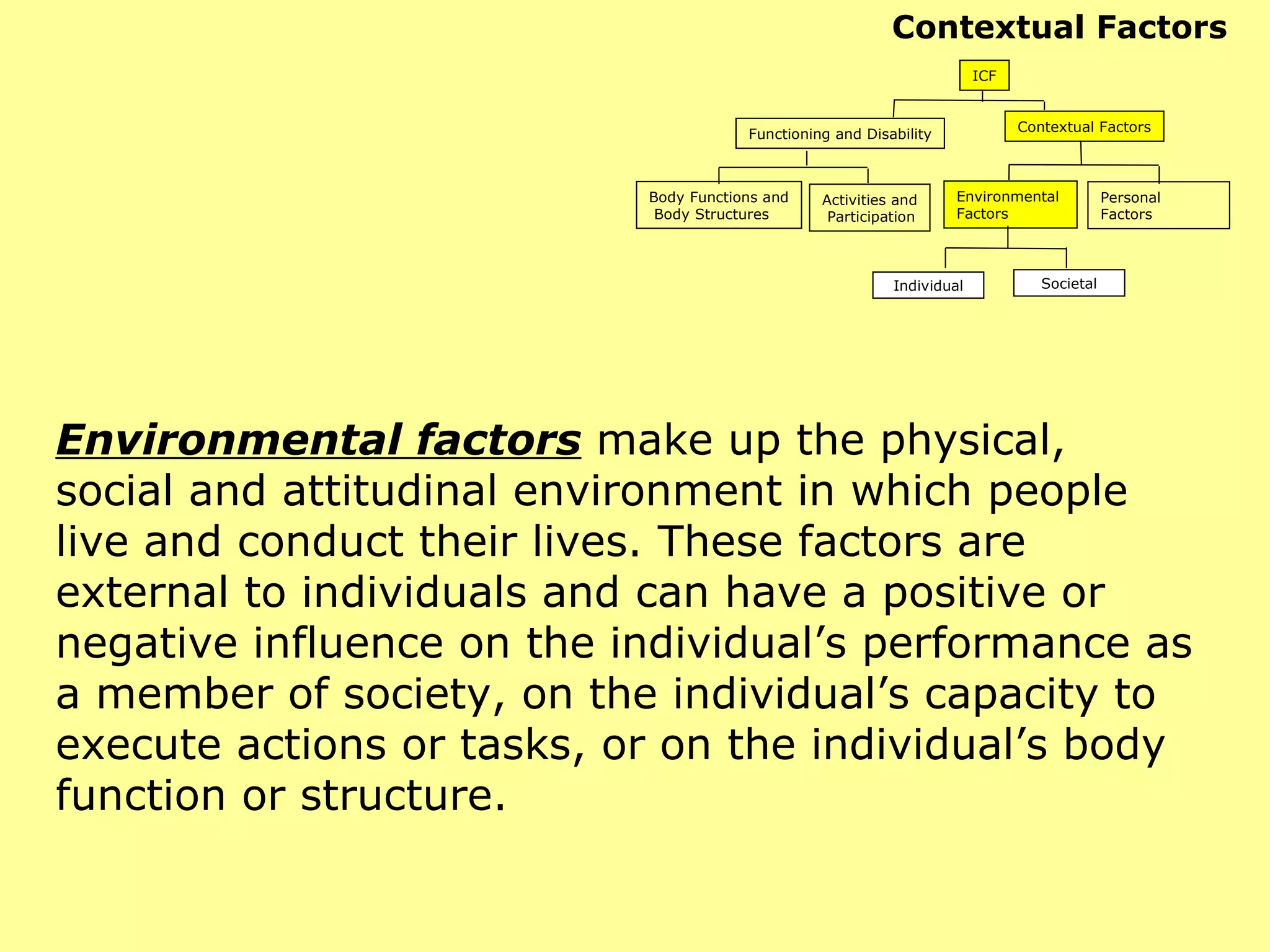 Environmental factors   make up the physical, social and attitudinal environment in which people live and conduct their lives. These factors are external to individuals and can have a positive or negative influence on the individual’s performance as a member of society, on the individual’s capacity to execute actions or tasks, or on the individual’s body function or structure. Contextual Factors ICF Functioning and Disability Contextual Factors Body Functions and Body Structures Activities and Participation Environmental  Factors Personal Factors Individual Societal 