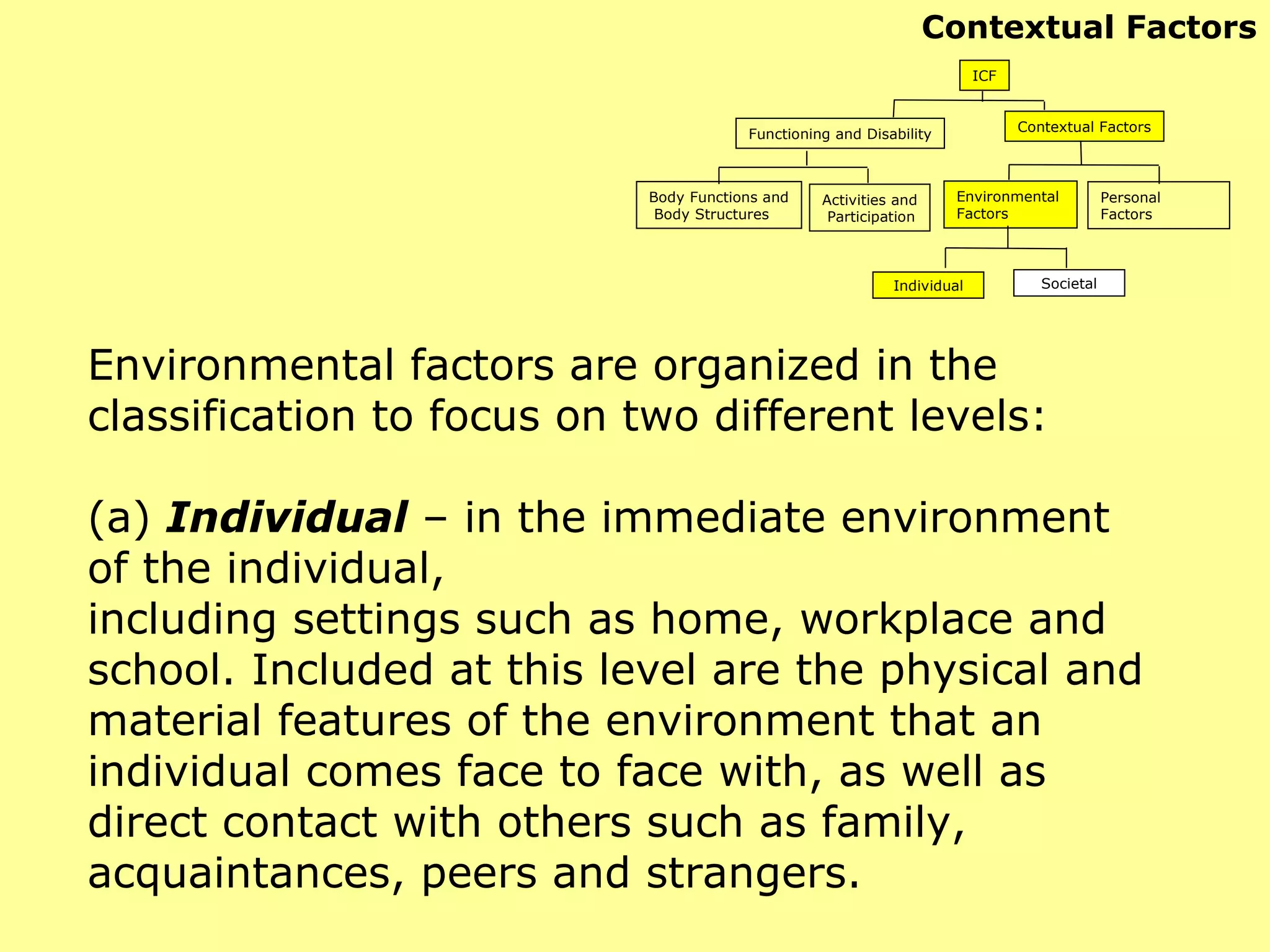 Environmental factors are organized in the classification to focus on two different levels: (a)  Individual   – in the immediate environment of the individual, including settings such as home, workplace and school. Included at this level are the physical and material features of the environment that an individual comes face to face with, as well as direct contact with others such as family, acquaintances, peers and strangers. Contextual Factors ICF Functioning and Disability Contextual Factors Body Functions and Body Structures Activities and Participation Environmental  Factors Personal Factors Individual Societal 