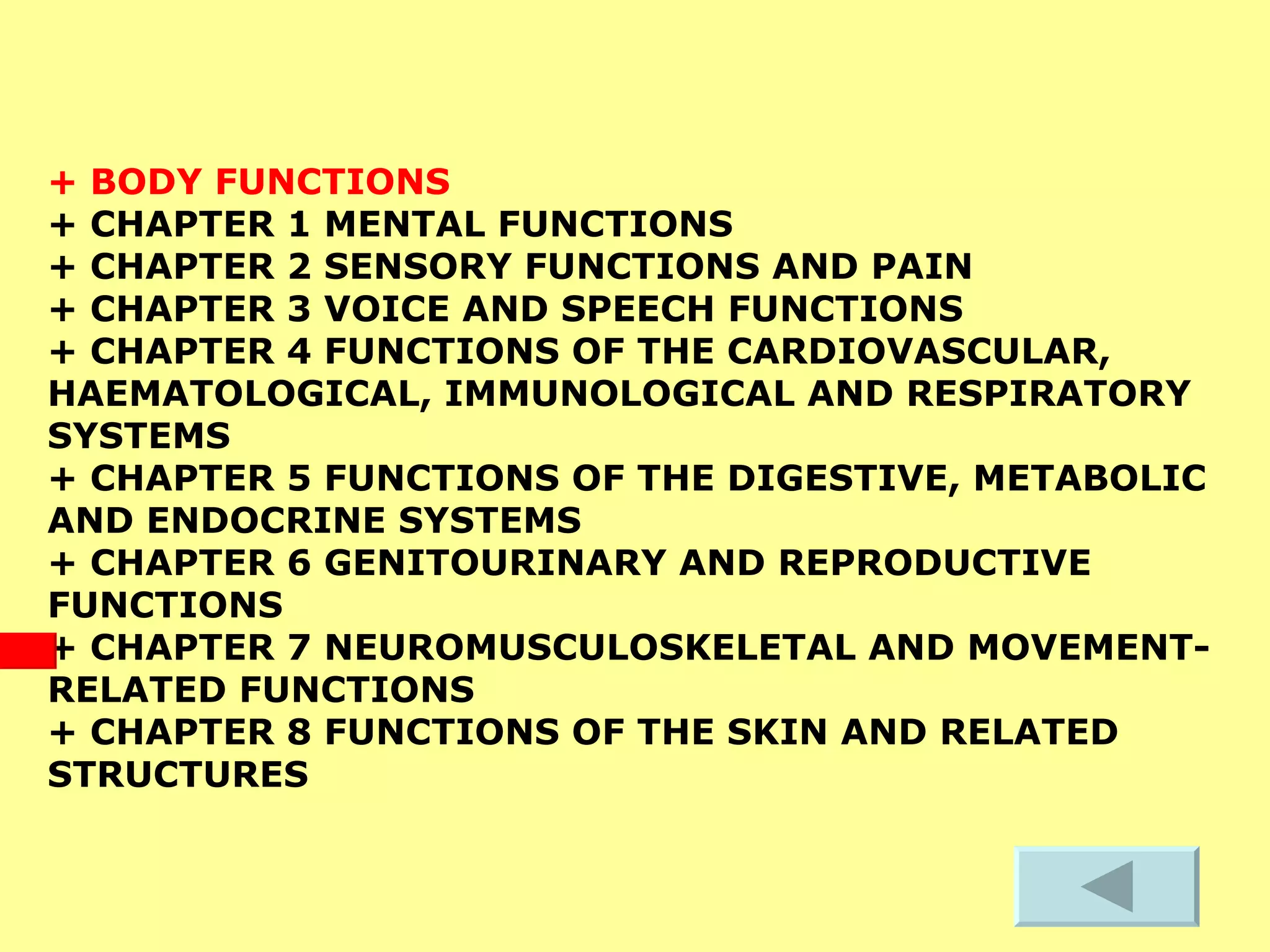 + BODY FUNCTIONS  + CHAPTER 1 MENTAL FUNCTIONS  + CHAPTER 2 SENSORY FUNCTIONS AND PAIN  + CHAPTER 3 VOICE AND SPEECH FUNCTIONS  + CHAPTER 4 FUNCTIONS OF THE CARDIOVASCULAR, HAEMATOLOGICAL, IMMUNOLOGICAL AND RESPIRATORY SYSTEMS  + CHAPTER 5 FUNCTIONS OF THE DIGESTIVE, METABOLIC AND ENDOCRINE SYSTEMS  + CHAPTER 6 GENITOURINARY AND REPRODUCTIVE FUNCTIONS  + CHAPTER 7 NEUROMUSCULOSKELETAL AND MOVEMENT-RELATED FUNCTIONS  + CHAPTER 8 FUNCTIONS OF THE SKIN AND RELATED STRUCTURES   