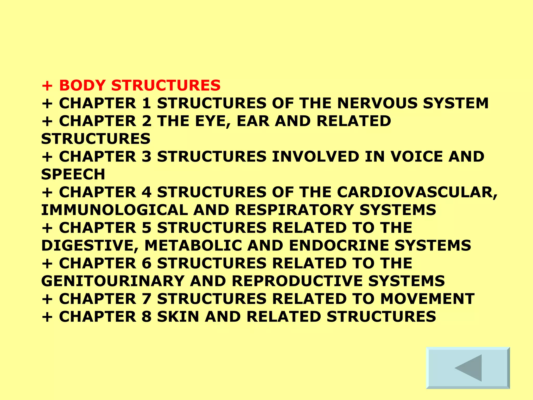 + BODY STRUCTURES   + CHAPTER 1 STRUCTURES OF THE NERVOUS SYSTEM  + CHAPTER 2 THE EYE, EAR AND RELATED STRUCTURES  + CHAPTER 3 STRUCTURES INVOLVED IN VOICE AND SPEECH  + CHAPTER 4 STRUCTURES OF THE CARDIOVASCULAR, IMMUNOLOGICAL AND RESPIRATORY SYSTEMS  + CHAPTER 5 STRUCTURES RELATED TO THE DIGESTIVE, METABOLIC AND ENDOCRINE SYSTEMS  + CHAPTER 6 STRUCTURES RELATED TO THE GENITOURINARY AND REPRODUCTIVE SYSTEMS  + CHAPTER 7 STRUCTURES RELATED TO MOVEMENT  + CHAPTER 8 SKIN AND RELATED STRUCTURES 