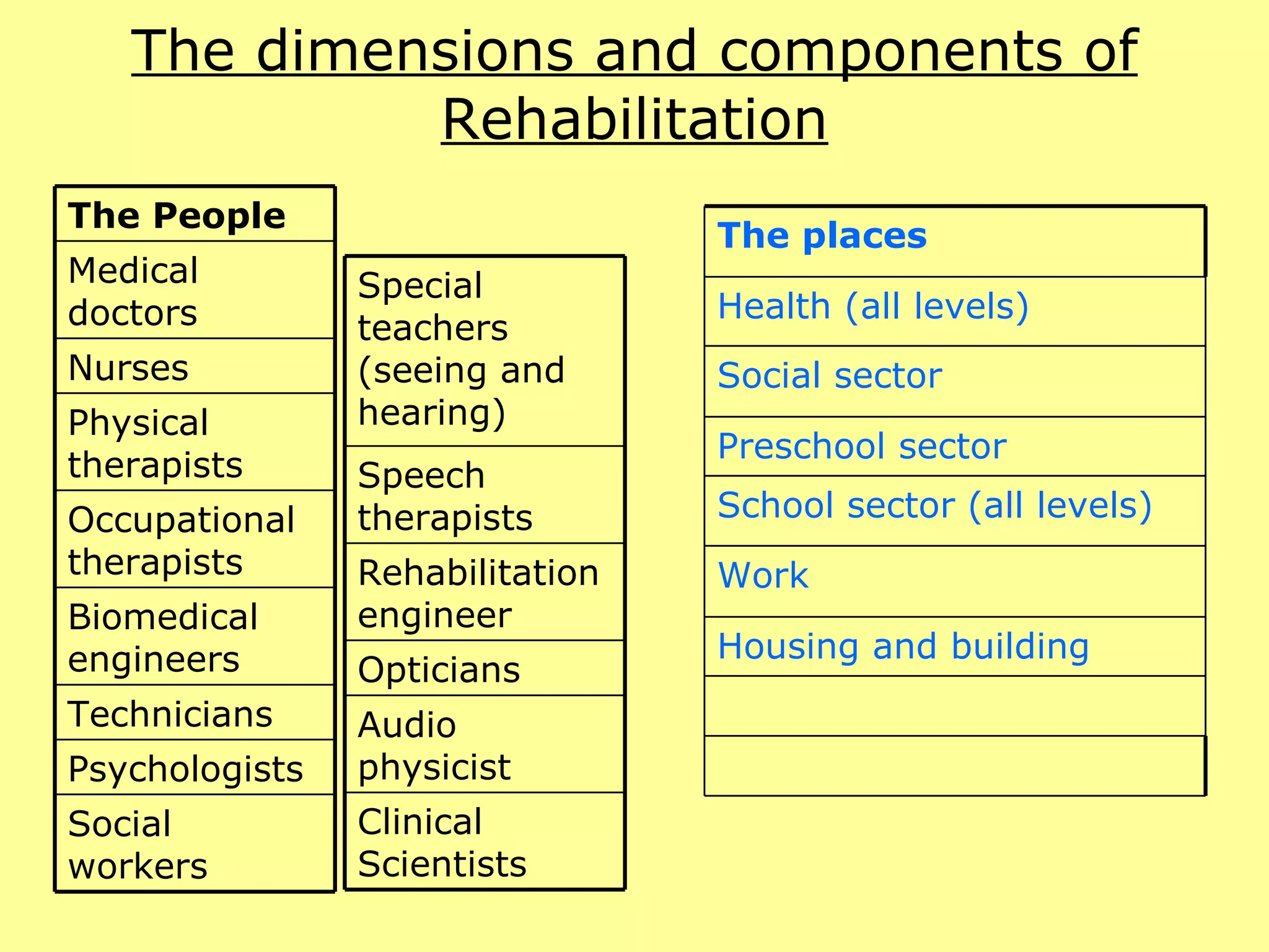 The dimensions and components of Rehabilitation Technicians  Biomedical engineers  Psychologists  Social workers  Occupational therapists  Physical therapists  Nurses  Medical doctors The People Special teachers (seeing and hearing)  Speech therapists  Clinical Scientists  Audio physicist  Opticians  Rehabilitation engineer  Housing and building  Work  School sector (all levels)  Preschool sector  Social sector  Health (all levels)  The places 