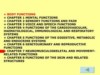 + BODY FUNCTIONS  + CHAPTER 1 MENTAL FUNCTIONS  + CHAPTER 2 SENSORY FUNCTIONS AND PAIN  + CHAPTER 3 VOICE AND SPEECH FUNCTIONS  + CHAPTER 4 FUNCTIONS OF THE CARDIOVASCULAR, HAEMATOLOGICAL, IMMUNOLOGICAL AND RESPIRATORY SYSTEMS  + CHAPTER 5 FUNCTIONS OF THE DIGESTIVE, METABOLIC AND ENDOCRINE SYSTEMS  + CHAPTER 6 GENITOURINARY AND REPRODUCTIVE FUNCTIONS  + CHAPTER 7 NEUROMUSCULOSKELETAL AND MOVEMENT-RELATED FUNCTIONS  + CHAPTER 8 FUNCTIONS OF THE SKIN AND RELATED STRUCTURES   