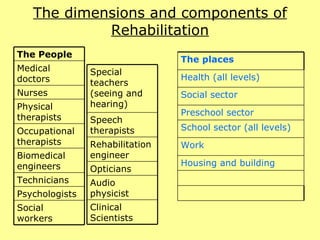 The dimensions and components of Rehabilitation Technicians  Biomedical engineers  Psychologists  Social workers  Occupational therapists  Physical therapists  Nurses  Medical doctors The People Special teachers (seeing and hearing)  Speech therapists  Clinical Scientists  Audio physicist  Opticians  Rehabilitation engineer  Housing and building  Work  School sector (all levels)  Preschool sector  Social sector  Health (all levels)  The places 
