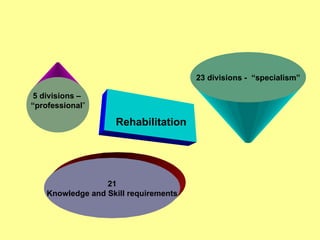 Rehabilitation 5 divisions –  “ professional ” 23 divisions -  “specialism” 21 Knowledge and Skill requirements 