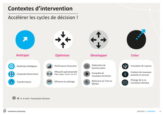| SLIDESHARE
Contextes d’intervention
520/01/2015Présentation société Bengs
Accélérer les cycles de décision !
Optimiser Développer CréerAnticiper
A venir: Transaction Services
Roadmap stratégique
Corporate Governance
Transformation
Performance financière
Efficacité opérationnelle
(R&D, Supply, Finance, DSI, RH)
Efficience du pilotage
Elaboration de
business plans
Conquête de
nouveaux territoires
Réduction du Time to
Market
Innovation de rupture
Création de nouveaux
produits et services
Pilotage de la co-
innovation étendue
€
 