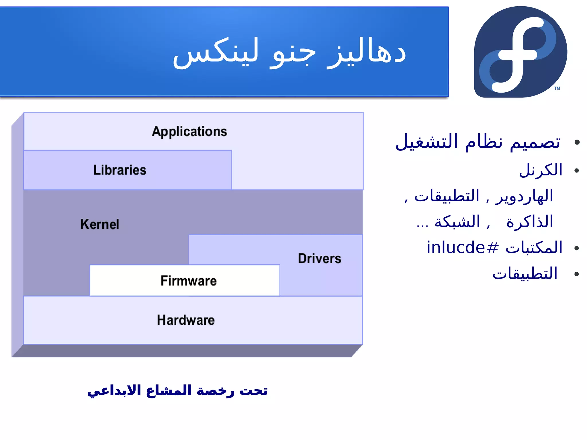 ‫دهاليز جنو لينكس‬

                          ‫تصميم نظام التشغيل‬         ‫●‬


                                            ‫الكرنل‬   ‫●‬


                          ‫الهاردوير , التطبيقات ,‬
                             ‫الذاكر ة , الشبكة ...‬
                              ‫المكتبات #‪inlucde‬‬      ‫●‬


                                        ‫التطبيقات‬    ‫●‬




‫تحت رخصة المشاع البداعي‬
 