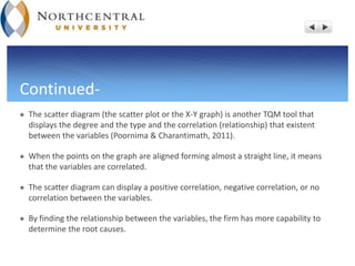 Continued-
 The scatter diagram (the scatter plot or the X-Y graph) is another TQM tool that
displays the degree and the type and the correlation (relationship) that existent
between the variables (Poornima & Charantimath, 2011).
 When the points on the graph are aligned forming almost a straight line, it means
that the variables are correlated.
 The scatter diagram can display a positive correlation, negative correlation, or no
correlation between the variables.
 By finding the relationship between the variables, the firm has more capability to
determine the root causes.
 