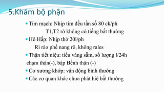 5.Khám bộ phận
 Tim mạch: Nhịp tim đều tần số 80 ck/ph
T1,T2 rõ không có tiếng bất thường
 Hô Hấp: Nhịp thở 20l/ph
Rì rào phế nang rõ, không rales
 Thận tiết niệu: tiểu vàng sẫm, số lượng l/24h
chạm thận(-), bập Bềnh thận (-)
 Cơ xương khớp: vận động bình thường
 Các cơ quan khác chưa phát hiệ bất thường
 
