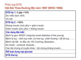 Phân loại ĐTĐ
Hội Đái Tháo Đường Mỹ năm 1997 (WHO 1998)
ĐTĐ típ 1: ít gặp <10%
Do miễn dịch: 95%
Vô căn
ĐTĐ típ 2 : >90%
Kháng insulin (chủ yếu) + giảm insulin
Giảm insulin (chủ yếu) + kháng insulin
Các dạng đặc biệt :
Bệnh lý gen: MODY (majurity onset diabetes of the young)
Bệnh lý tụy : viêm tụy mãn, xơ hóa tụy, chấn thương / cắt bỏ tụy… …
Bệnh nội tiết : to đầu chi, HC Cushing, Basedow…
Do thuốc : corticoid, thiazide…
Các hội chứng di truyền khác : hội chứng kháng insulin…
Rối loạn dung nạp glucose
ĐTĐ thai kỳ
 
